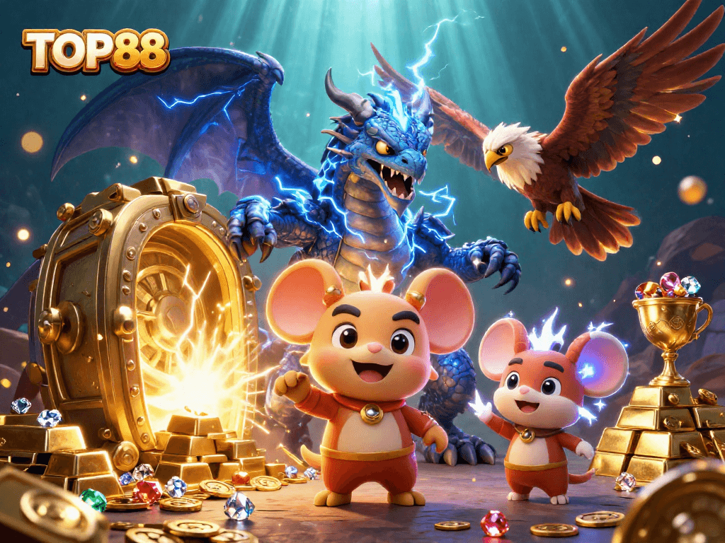 Experience the magic of TOP88 with a vibrant 3D casino illustration showcasing thrilling game elements.
