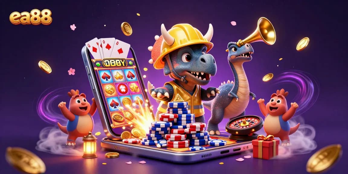 Engage with the thrilling world of ea88 as a triceratops stacks poker chips amidst celebratory casino elements.