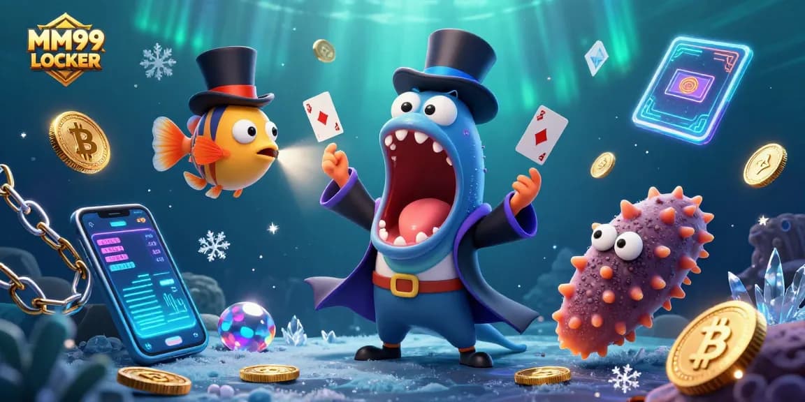 Immerse in the magic of MM99 LOCKER featuring bioluminescent sea creatures performing thrilling tricks and surrounded by crypto coins.