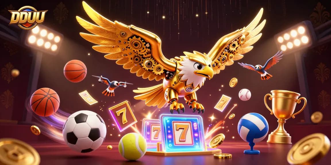 Experience DDUU's thrilling world of slots with an exciting 3D dynamic scene depicting action-packed gambling elements.