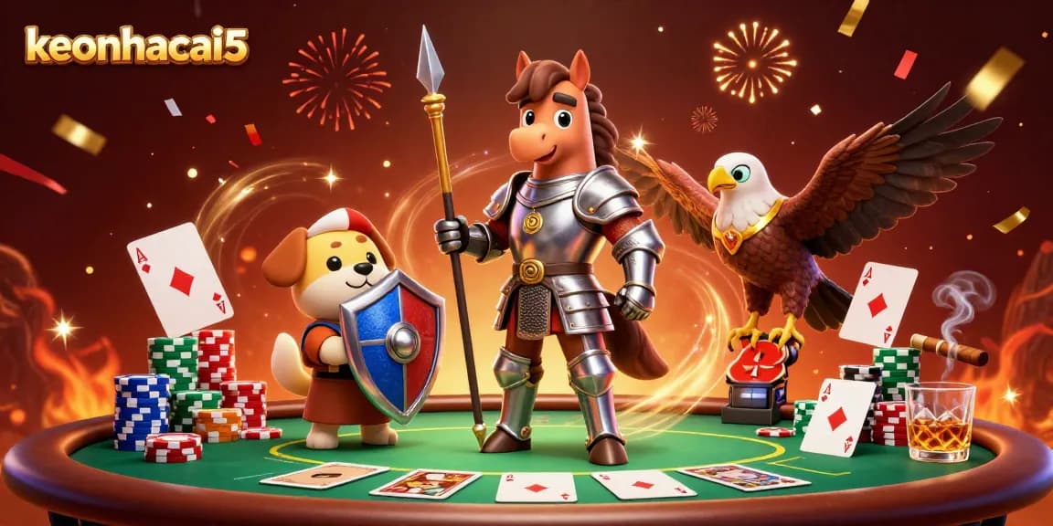 Engage in thrilling action with keonhacai5 as a knight, squire, and falcon amidst poker chips.