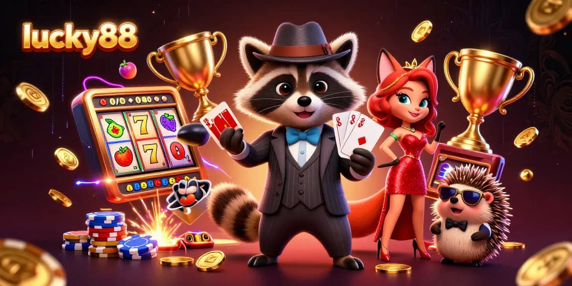 Experience the luck at lucky88 with vibrant casino elements and characters engaging in winning strategies.