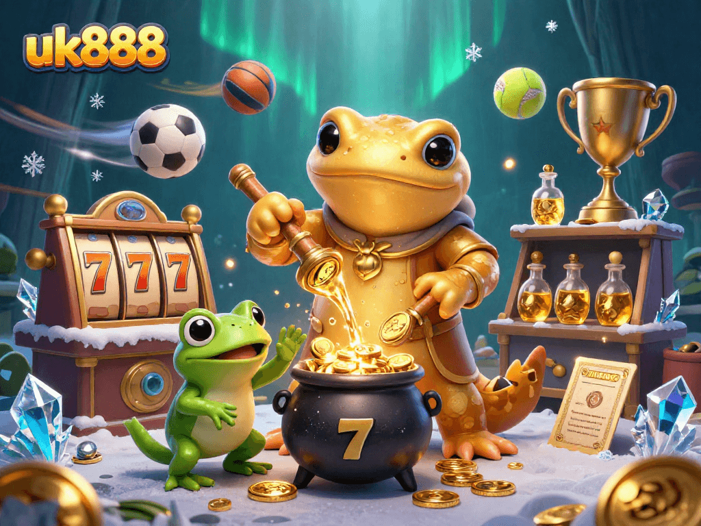Experience thrilling gaming action with uk888 in a vibrant 3D scene showcasing rich casino symbolism.