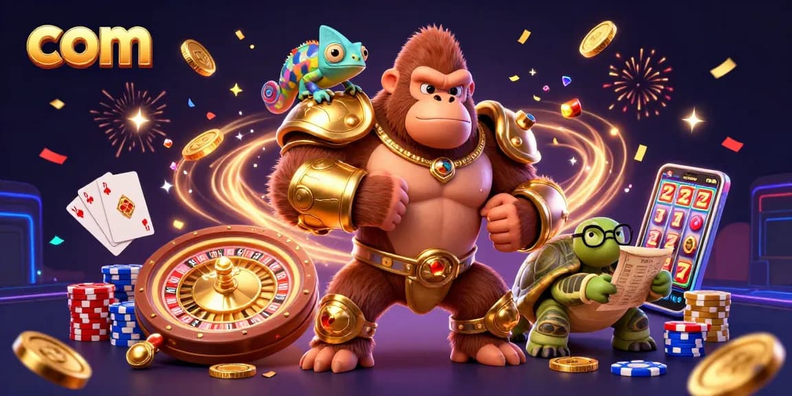 Engage in thrilling gaming at com with a gorilla hero and colorful casino elements!