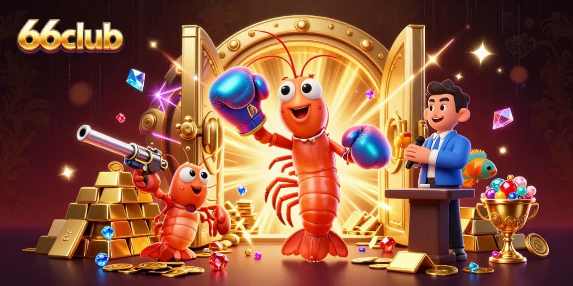 Engage in thrilling action at 66club with a vibrant 3D illustration featuring animated characters amid dazzling treasure.