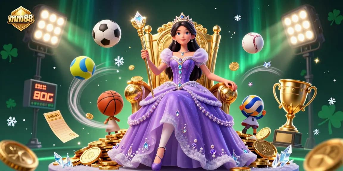 Engage with mm88's sports betting experience featuring a regal Asian woman amidst sports elements.