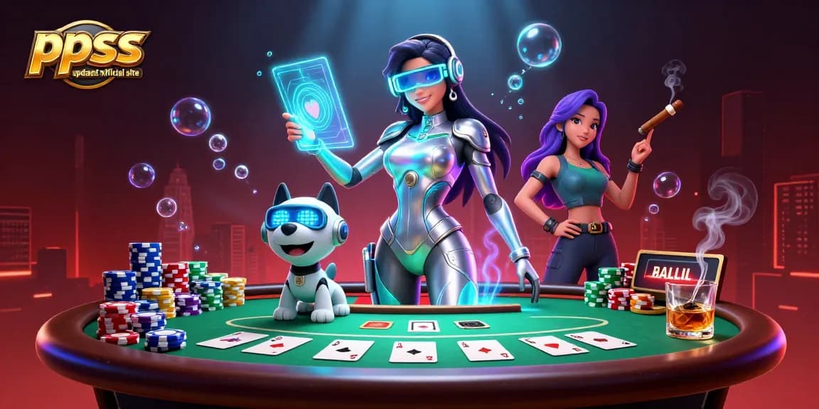 Experience ppss updated official site with a thrilling poker scene featuring a futuristic character and robot.