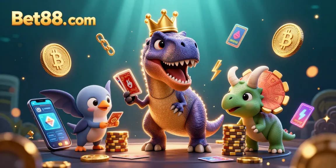 Play cards and stack chips at Bet88. com in a vibrant dinosaur-themed casino scene.