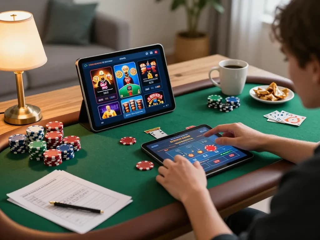Engaging in online casino gaming on a tablet while analyzing strategies at home with 688v.