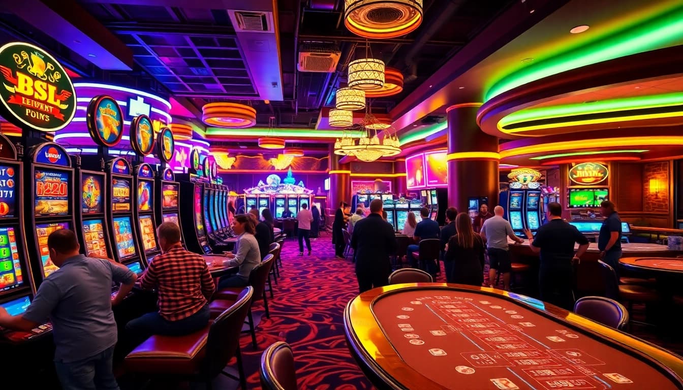 Erleben Sie neue casino bonus ohne einzahlung in einem aufregenden Casino-Ambiente mit Spielern und bunten Lichtern.