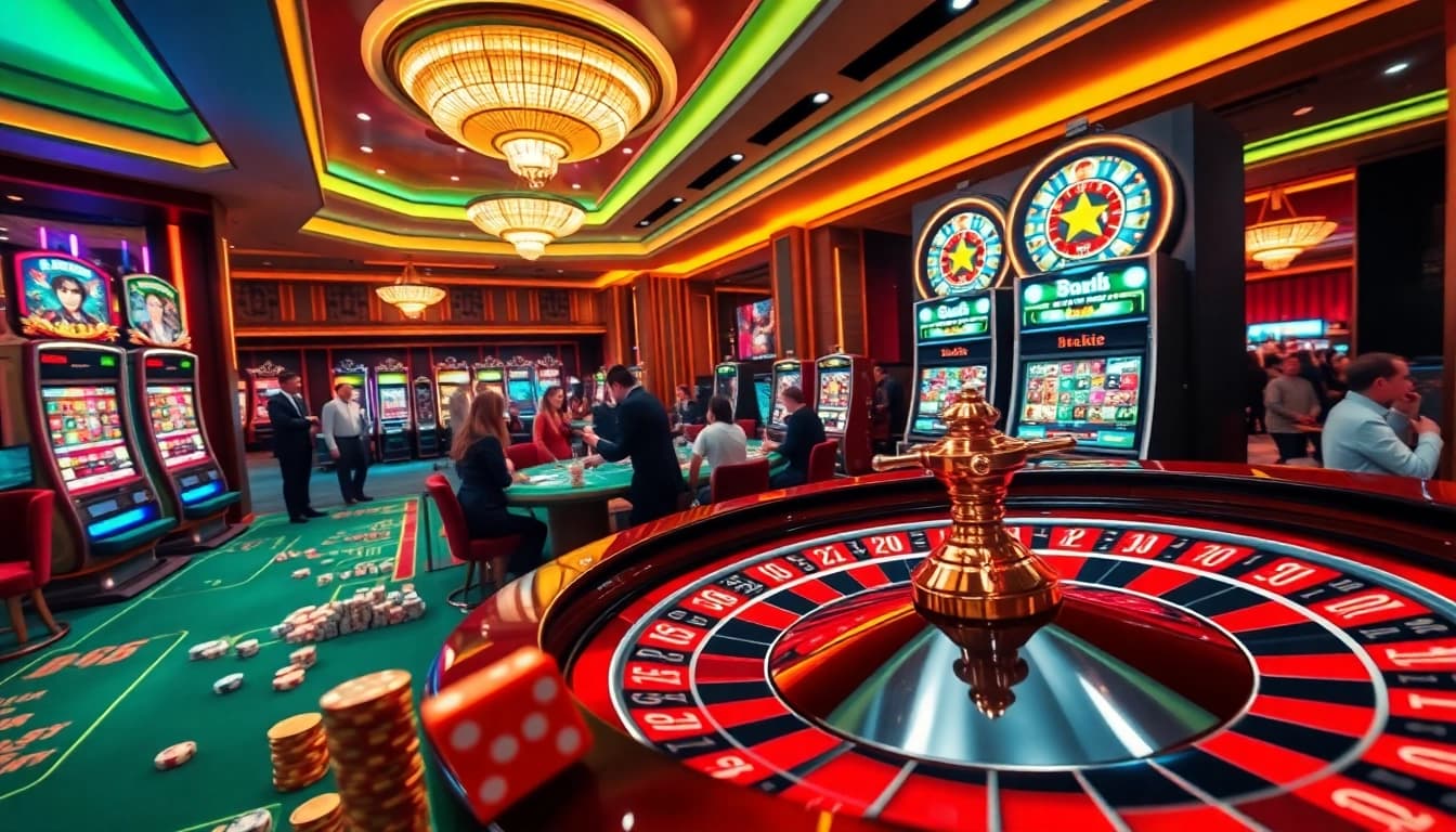 Experience the vibrant excitement of 7hh casino floor with gaming tables, slot machines, and roulette action.
