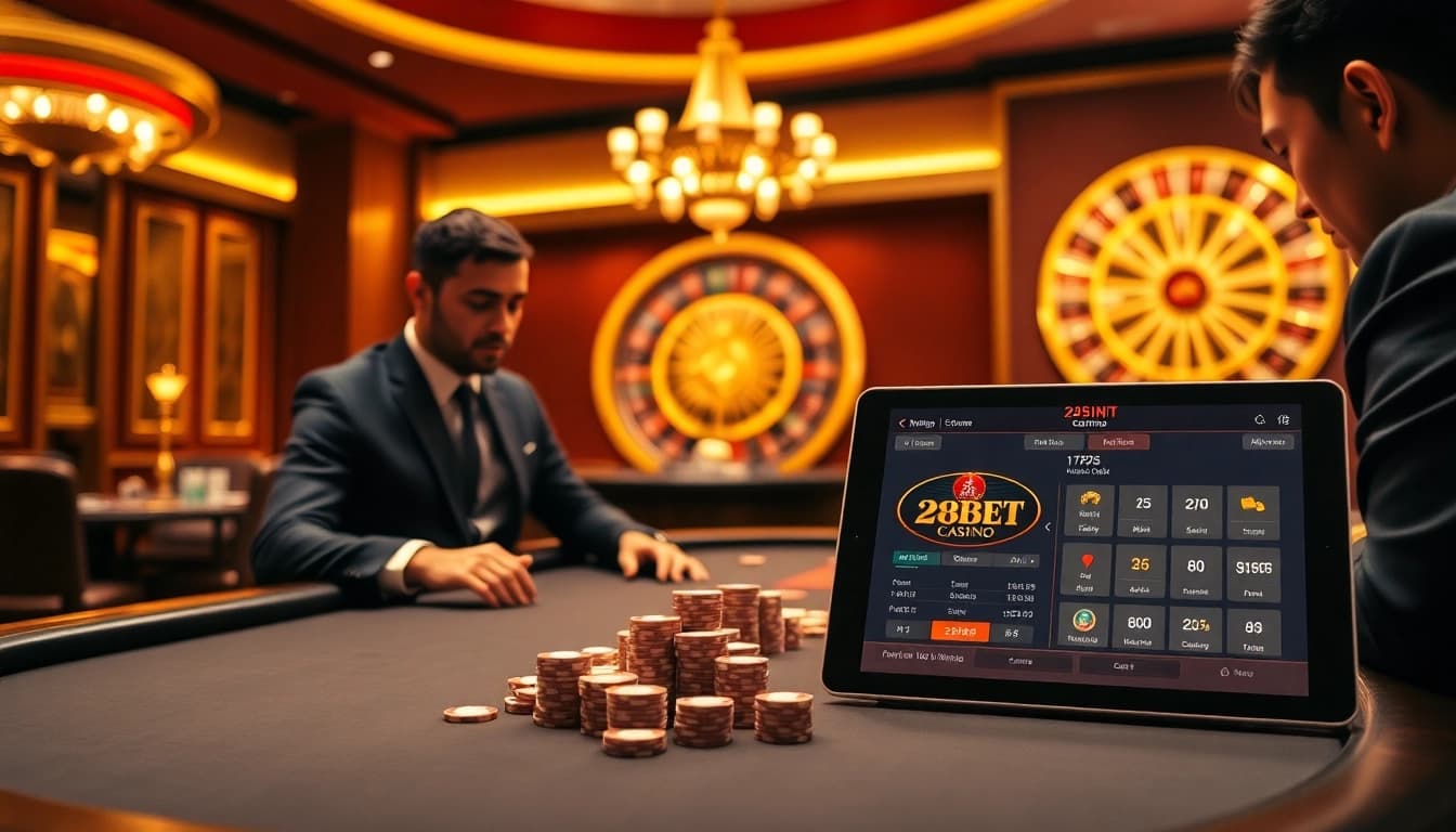 Engaging scene at Nhà cái 28BET casino table with poker and roulette excitement.