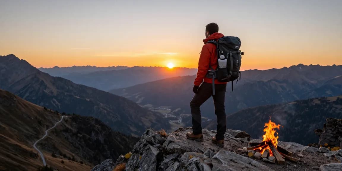 Adventure gear from rokok88 showcased in a sunset hiking scene, highlighting outdoor exploration essentials.