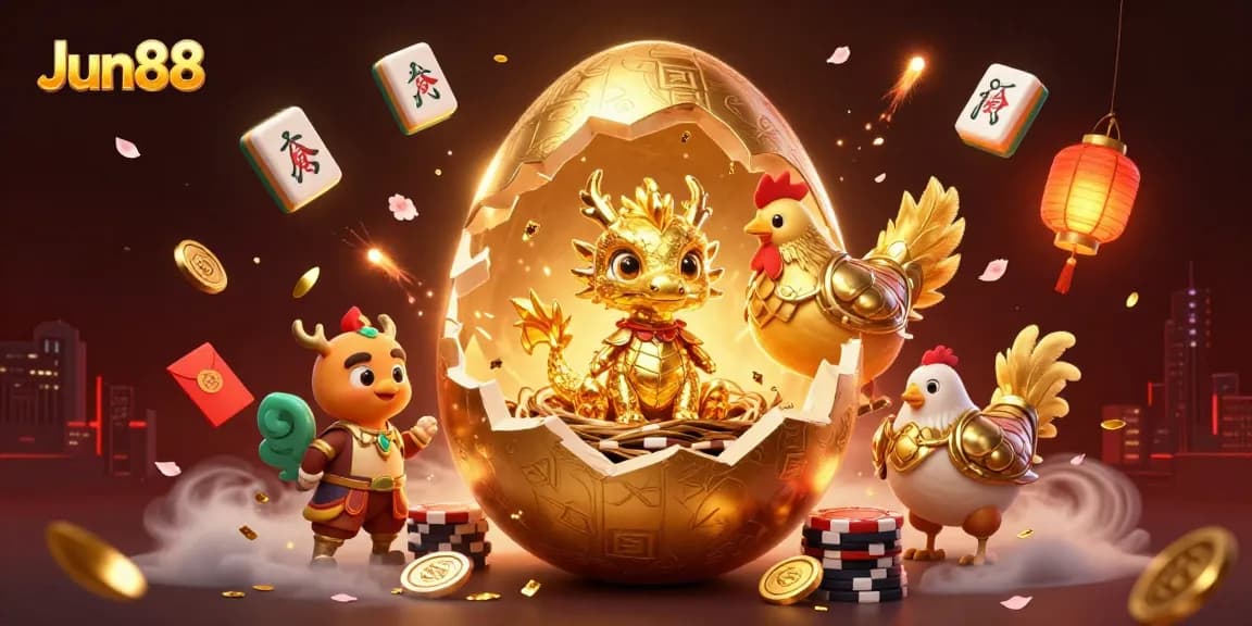 Win at Jun88 with vibrant golden dragon illustration, poker chips, and festive gaming elements