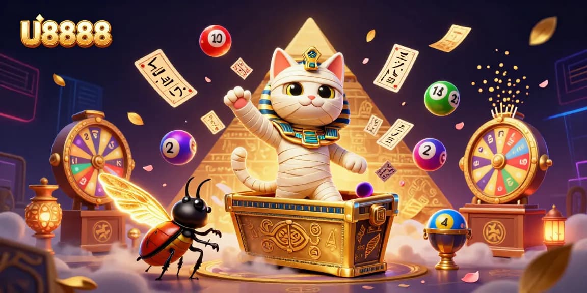 U8888 players enjoy thrilling wins in a vibrant casino scene featuring a mummy cat, games, and colorful elements.