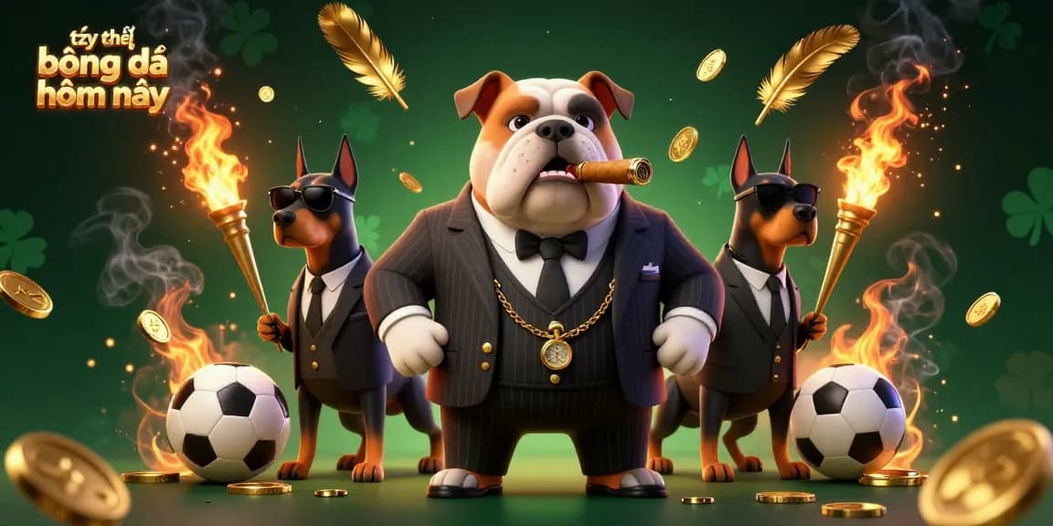 A dynamic illustration portraying tỷ lệ bóng đá hôm nay with a mafia bulldog in a suit and bodyguard Dobermans, surrounded by sports betting elements.