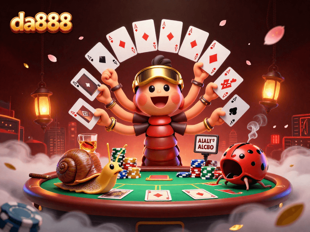 Experience thrilling gameplay on da888 with cartoon characters at a poker table, celebrating wins.