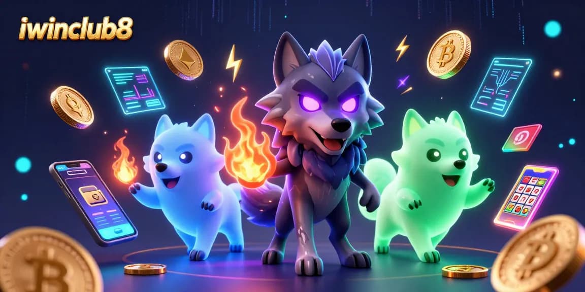 Engage with iwinclub8's thrilling gaming experience alongside spectral wolves in a dynamic casino scene.