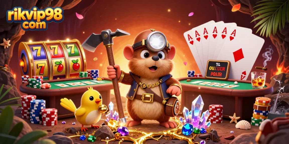 Experience the thrill of rikvip98 com with a treasure hunter mole and vibrant casino elements in this dynamic scene.