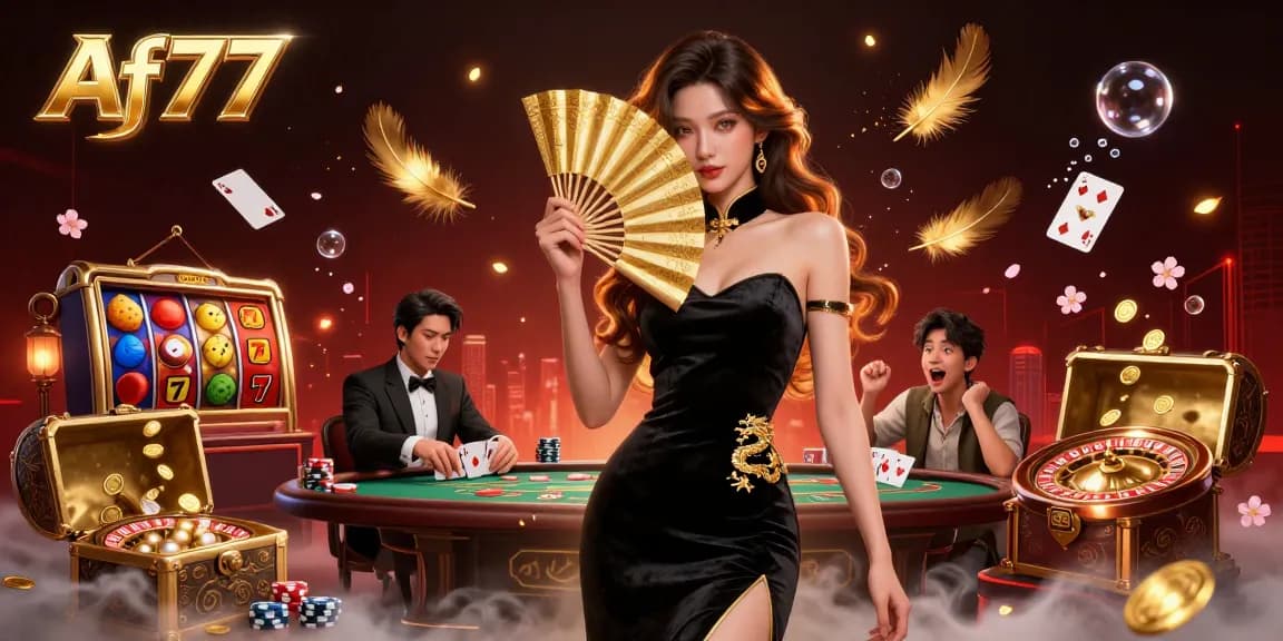 Experience thrilling moments at Af77, featuring an elegant Asian woman surrounded by vibrant casino elements like slot reels and playing cards.