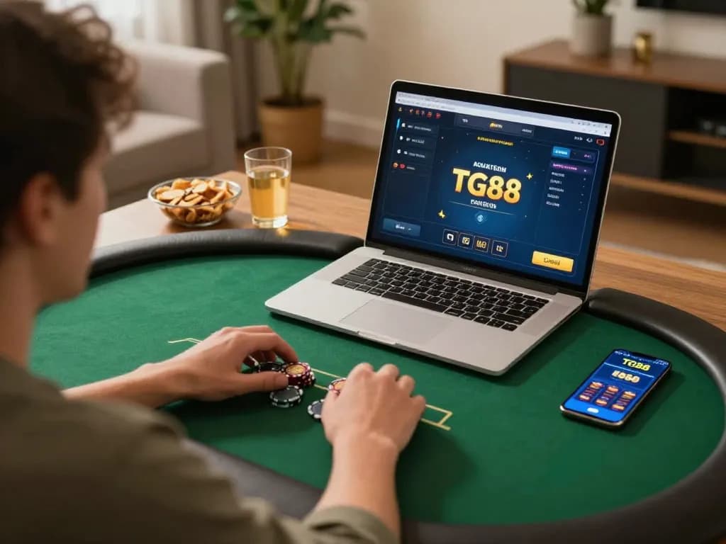 Player strategizing on TG88 poker app at home with cozy atmosphere and snacks