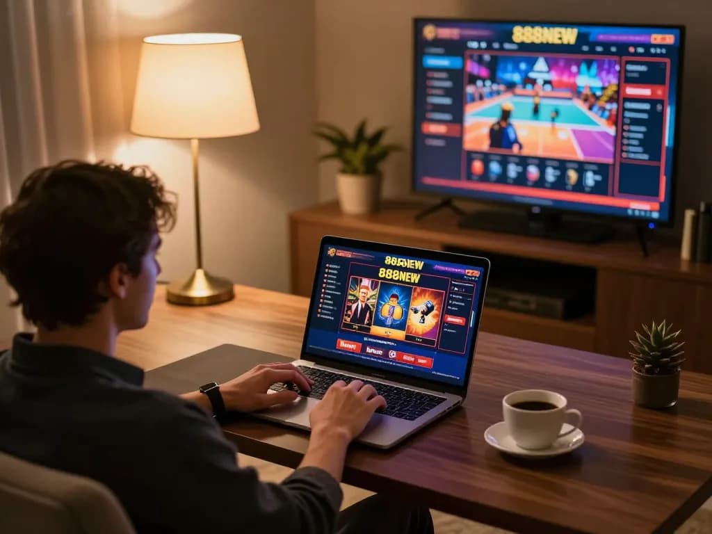 Player enjoying a thrilling session on 888NEW online casino at home, highlighting strategic gaming.