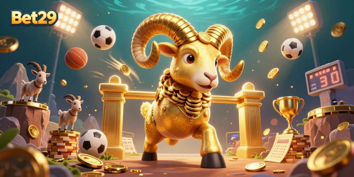 Engage with Bet29 through an electrifying scene featuring a golden ram and dynamic sports elements, emphasizing excitement.