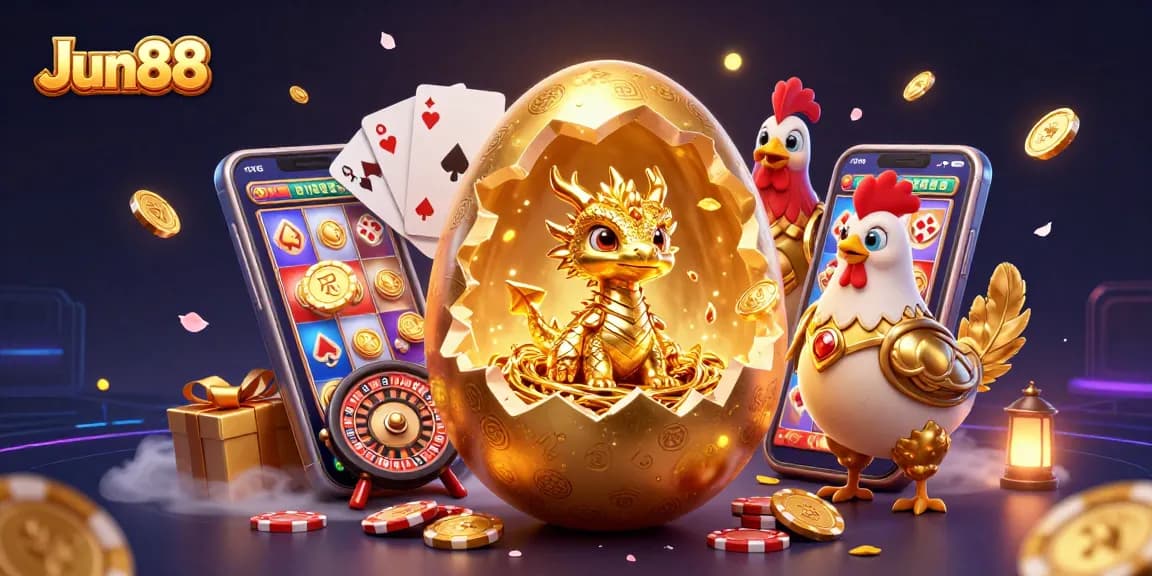 Jun88 features a golden baby dragon amidst poker chips, embodying exciting gambling adventures.