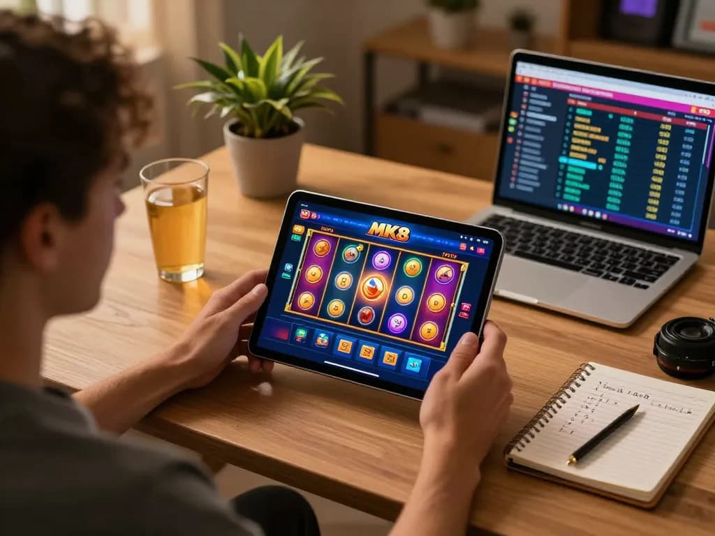 Player engaging with MK8 online casino app on tablet, showcasing vibrant slot game action and strategic betting notes.