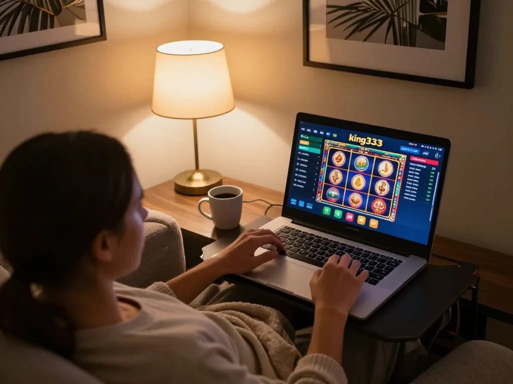 Engaged player enjoying king333 online casino games on a sleek laptop in a cozy home setting