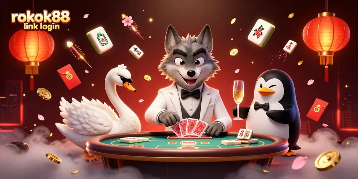 Play and win with rokok88 link login in an exciting casino scene featuring animated characters and vibrant elements.