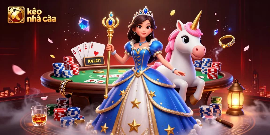 Engage with kèo nhà cái through 3D casino art featuring a woman, unicorns, and dynamic poker elements.