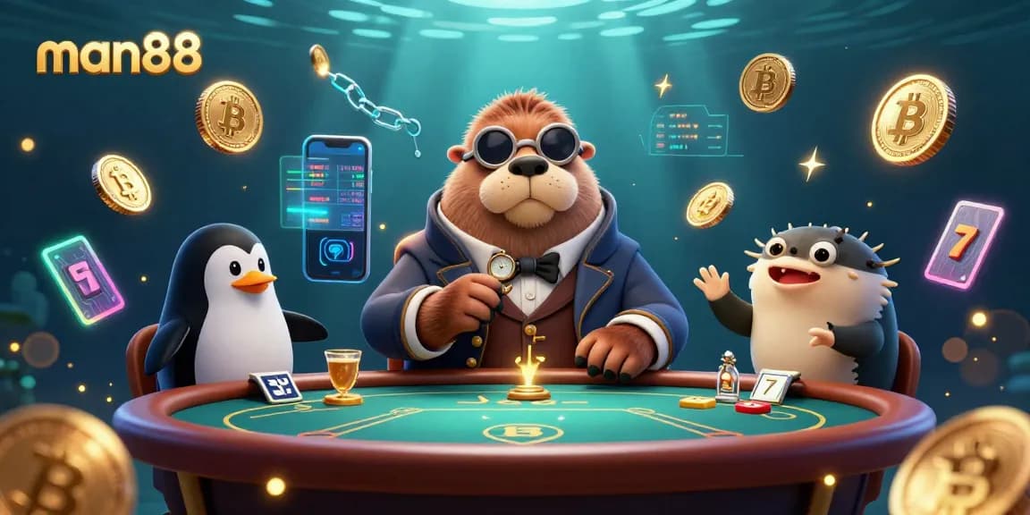 man88 engages players at an underwater poker game with a walrus, penguin dealer, and bluffed pufferfish