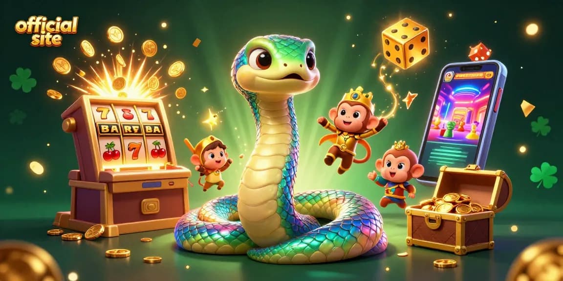 Explore the vibrant official site illustration with a rainbow serpent and treasure-filled slot machine in action