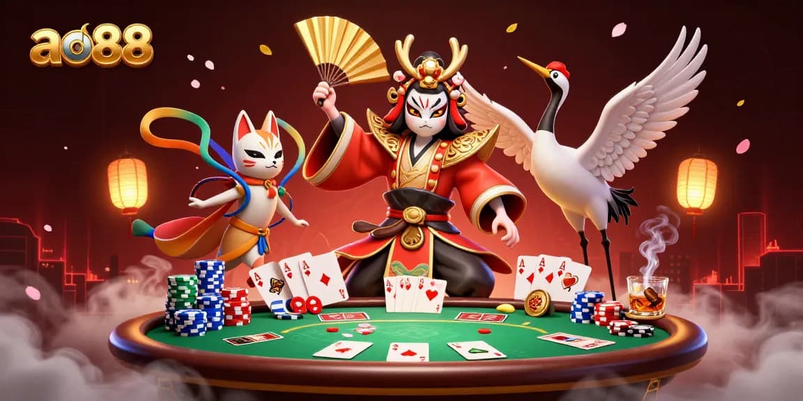 Experience ao88 casino thrills with a vibrant scene of 3D characters amidst poker and casino elements.