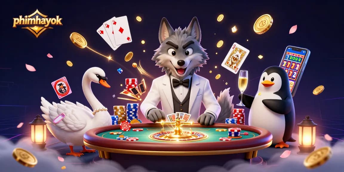 Engage in casino excitement with phimhayok featuring a characterized wolf, swan, and penguin in dynamic play.
