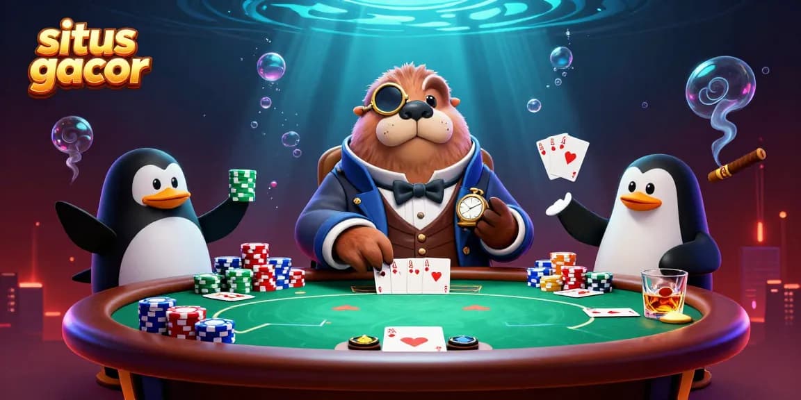 Experience thrilling gameplay at situs gacor with unique poker action featuring a walrus, penguin, and pufferfish.