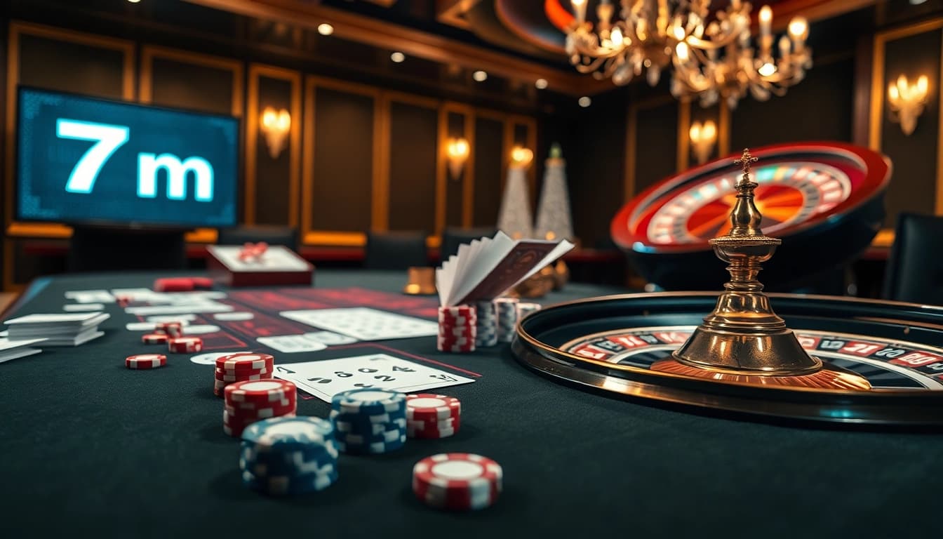 Engage in high-stakes excitement with a luxurious casino table featuring 7m cards and chips.