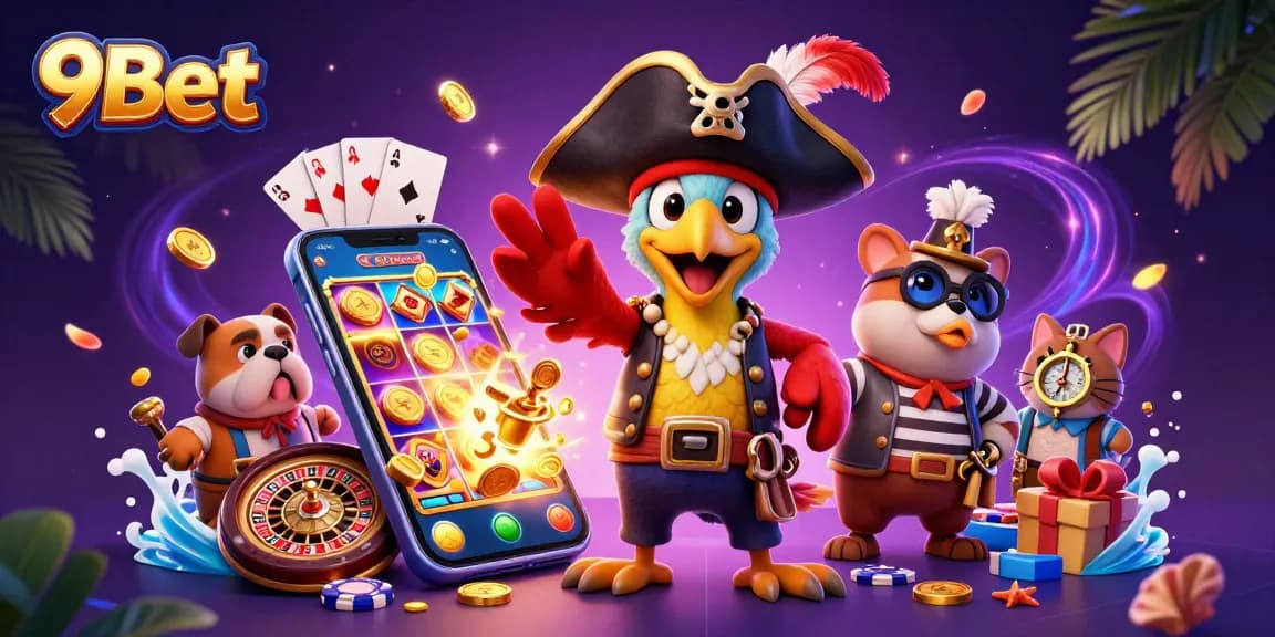 Engage with 9Bet's vibrant casino scene featuring a pirate captain and playful characters.