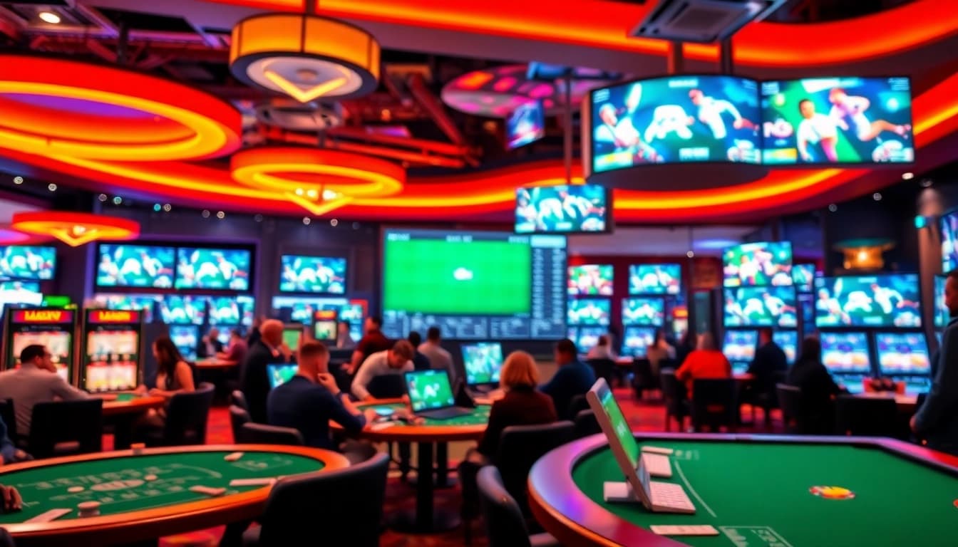 Placing a bet on bookmaker rugby amid an animated casino atmosphere.