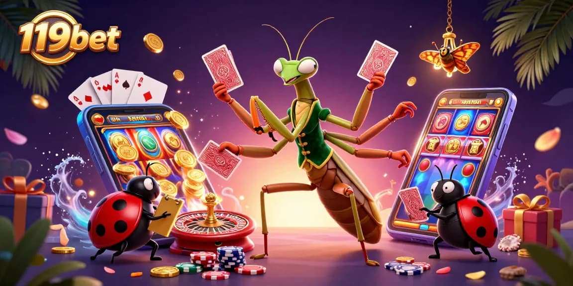 Experience excitement at 119bet with a vibrant casino scene featuring a praying mantis and ladybug.