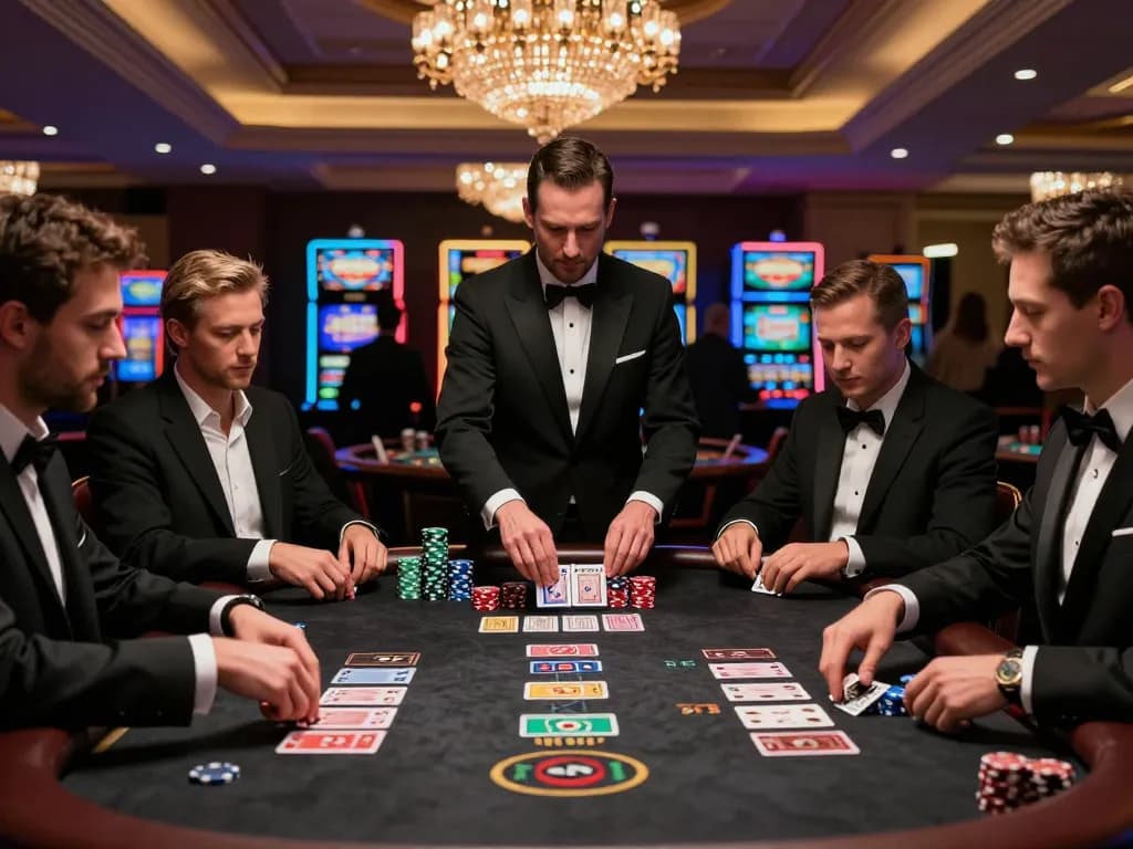 Jogadores da AAVIP envolvidos em uma partida de blackjack de alto risco em um ambiente de cassino luxuoso