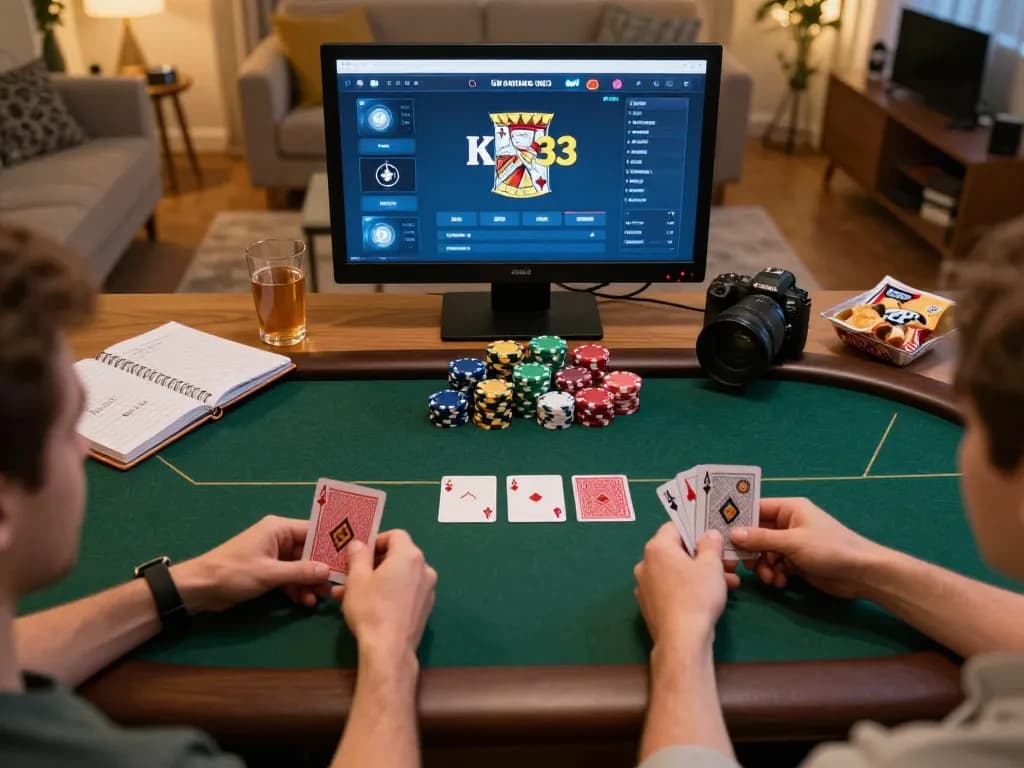 Players enjoying poker on King33 platform during a cozy home gaming session.