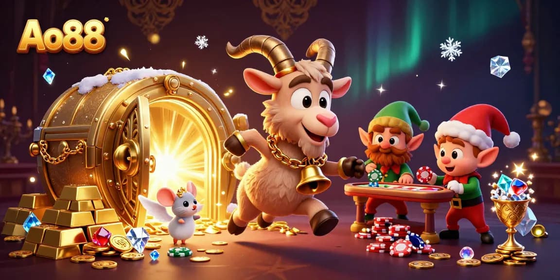 Experience the thrill at Ao88 with an enticing casino scene featuring lively characters and rich treasures.