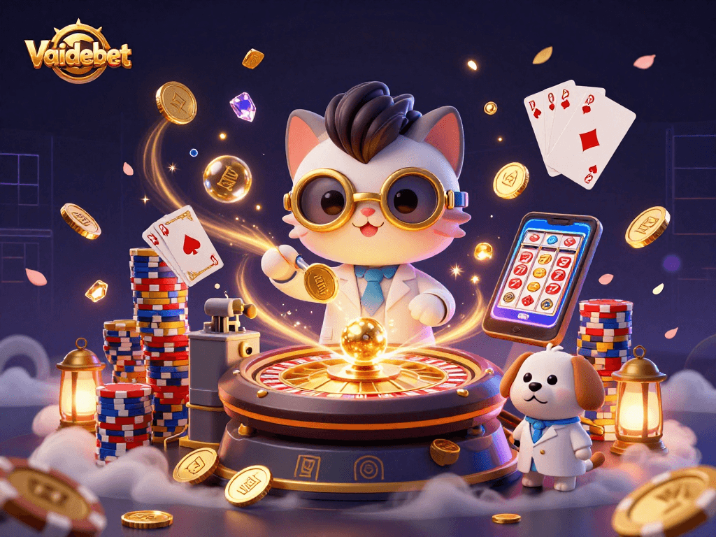 Engage with Vaidebet's exciting gambling adventure featuring a cartoon scientist and loyal assistant amidst vibrant casino elements.