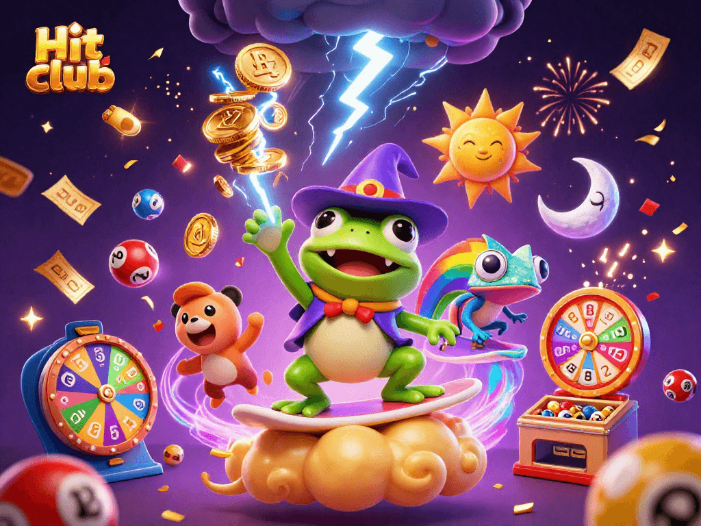 Experience the excitement at Hit club with animated characters amidst a vibrant casino celebration.
