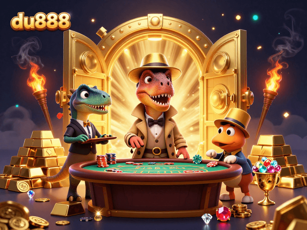 Bet on du888 as a velociraptor card counter interacts with casino elements in a vibrant scene.