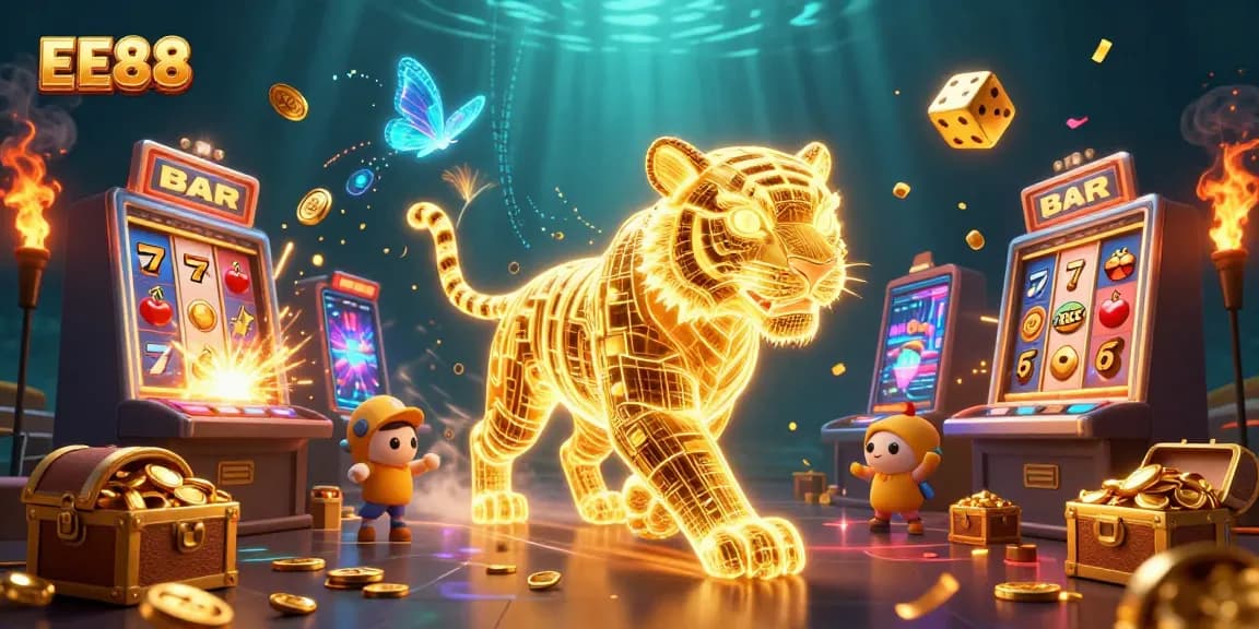 Experience thrilling wins at EE88 with a dynamic casino landscape featuring neon characters and slot machines.