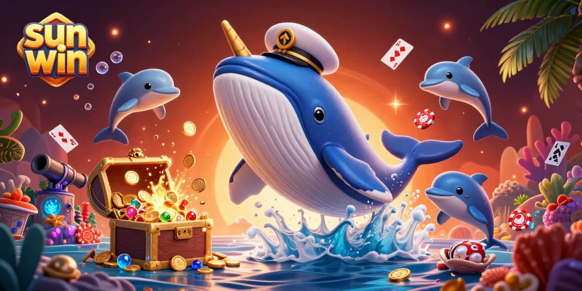 Experience the excitement of sun win with this vibrant 3D illustration showcasing slot reels and playful sea creatures.
