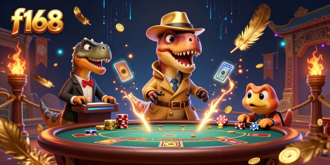 Experience fun at f168 with a velociraptor card counter and lively casino scene filled with excitement.